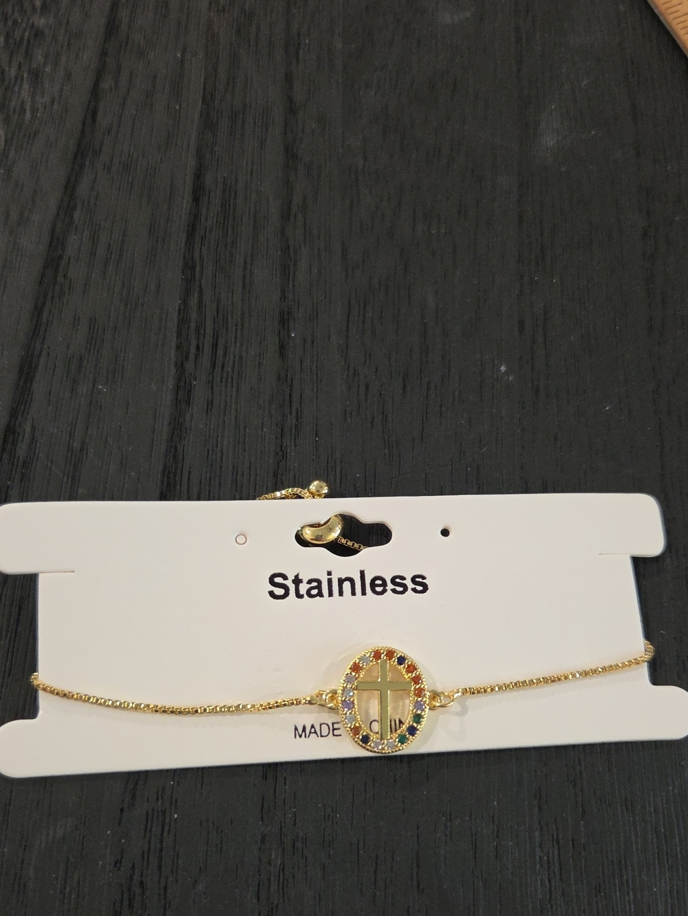 Gold Tone Cross Disc Bracelet with Multicolor Stones- Adjustable